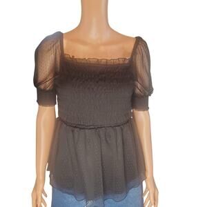 Sheer Puff Sleeve Swiss Dot Smocked Black Peplum Top Size M Coquette Romantic